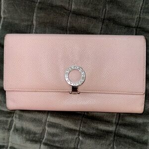 Bulgari Pale Pink Leather Flap Wallet with Silver Logo Ring